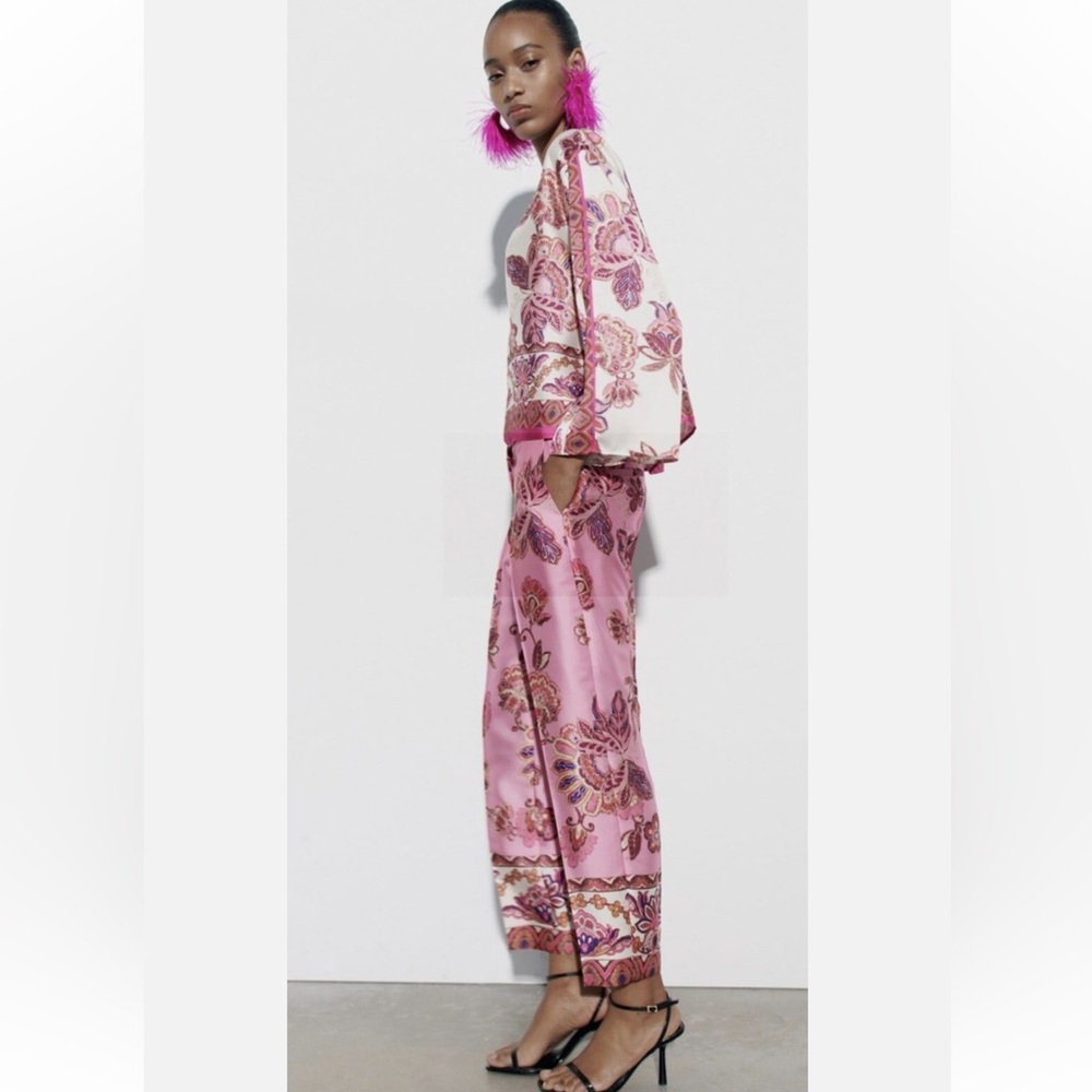 Zara Vibrant Pink Floral Satin Ankle Length Pants Size Small - Picture 2 of 9